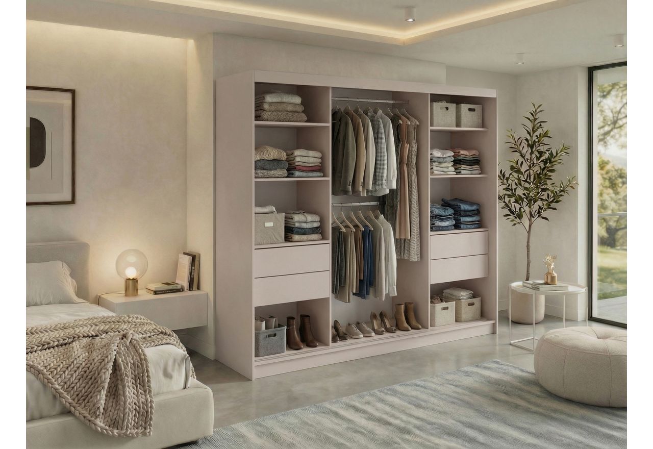 Szafa przesuwna VERONA 240 cm - kaszmir z lustrem + 4 szuflady