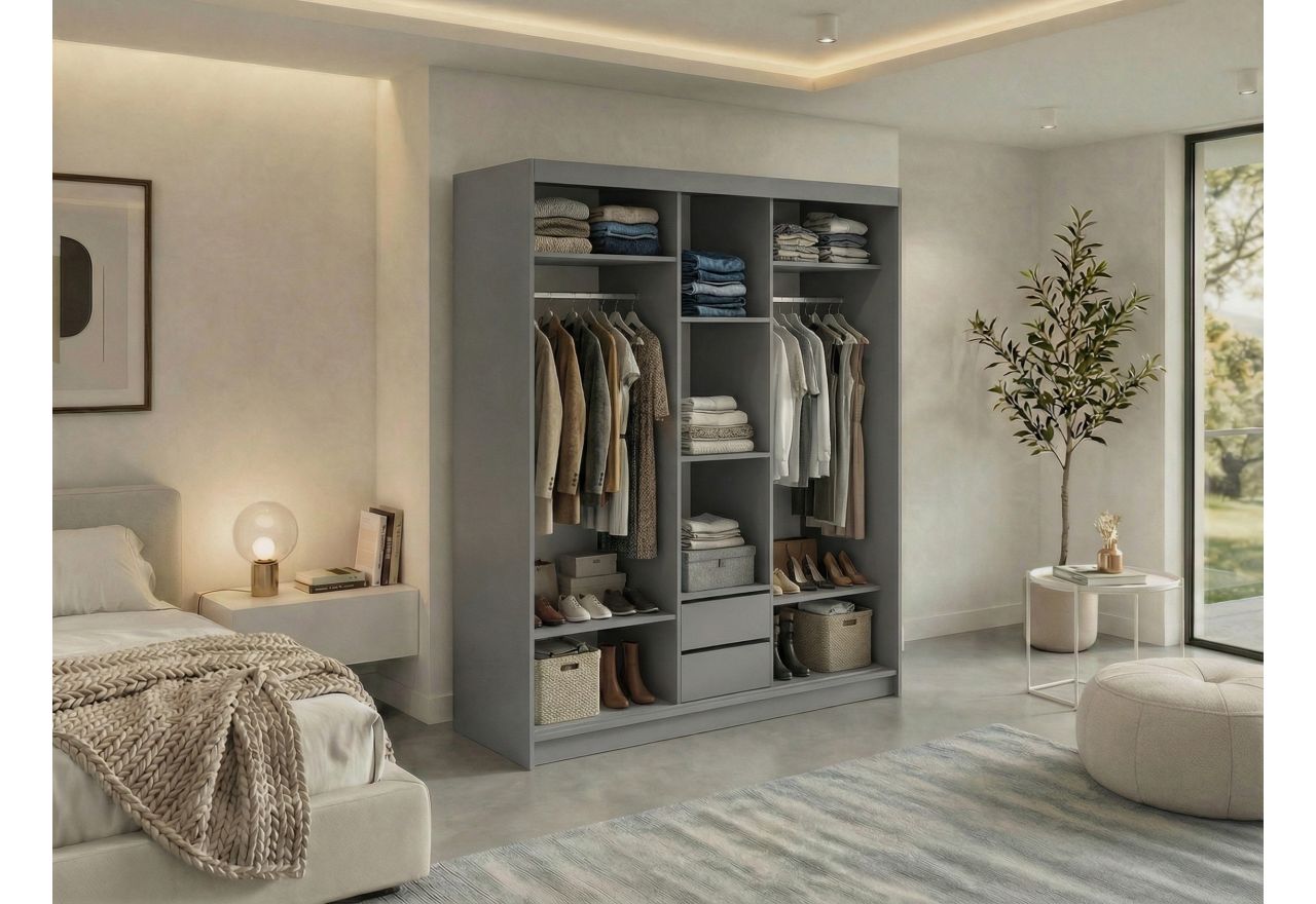 Szafa przesuwna MACEDONIA 180 cm - szary + 2 szuflady