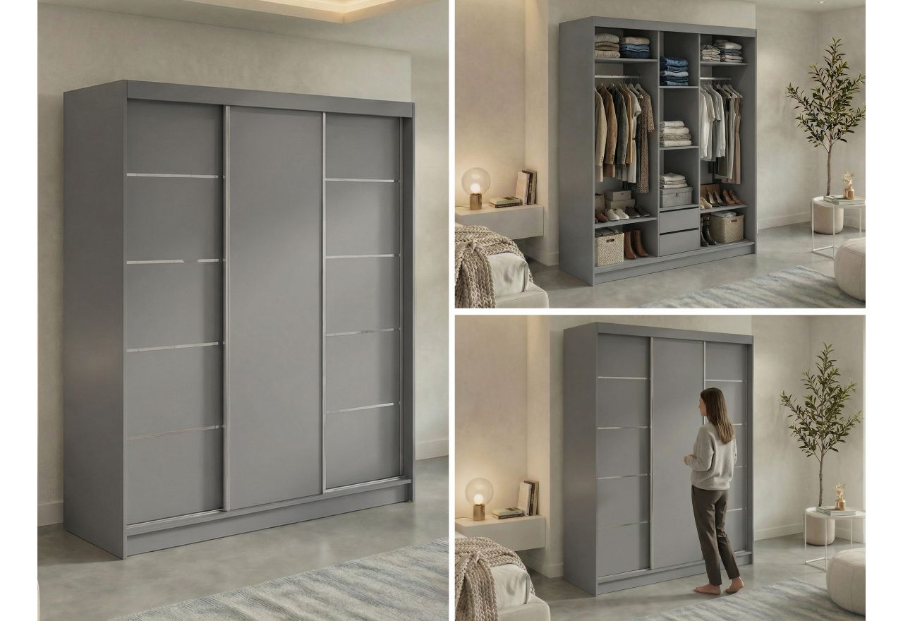 Szafa przesuwna MACEDONIA 180 cm - szary + 2 szuflady