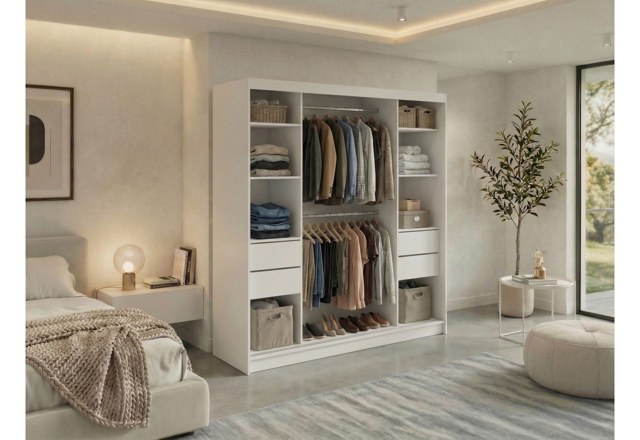 Szafa przesuwna MACEDONIA 200 - biały + 4 szuflady