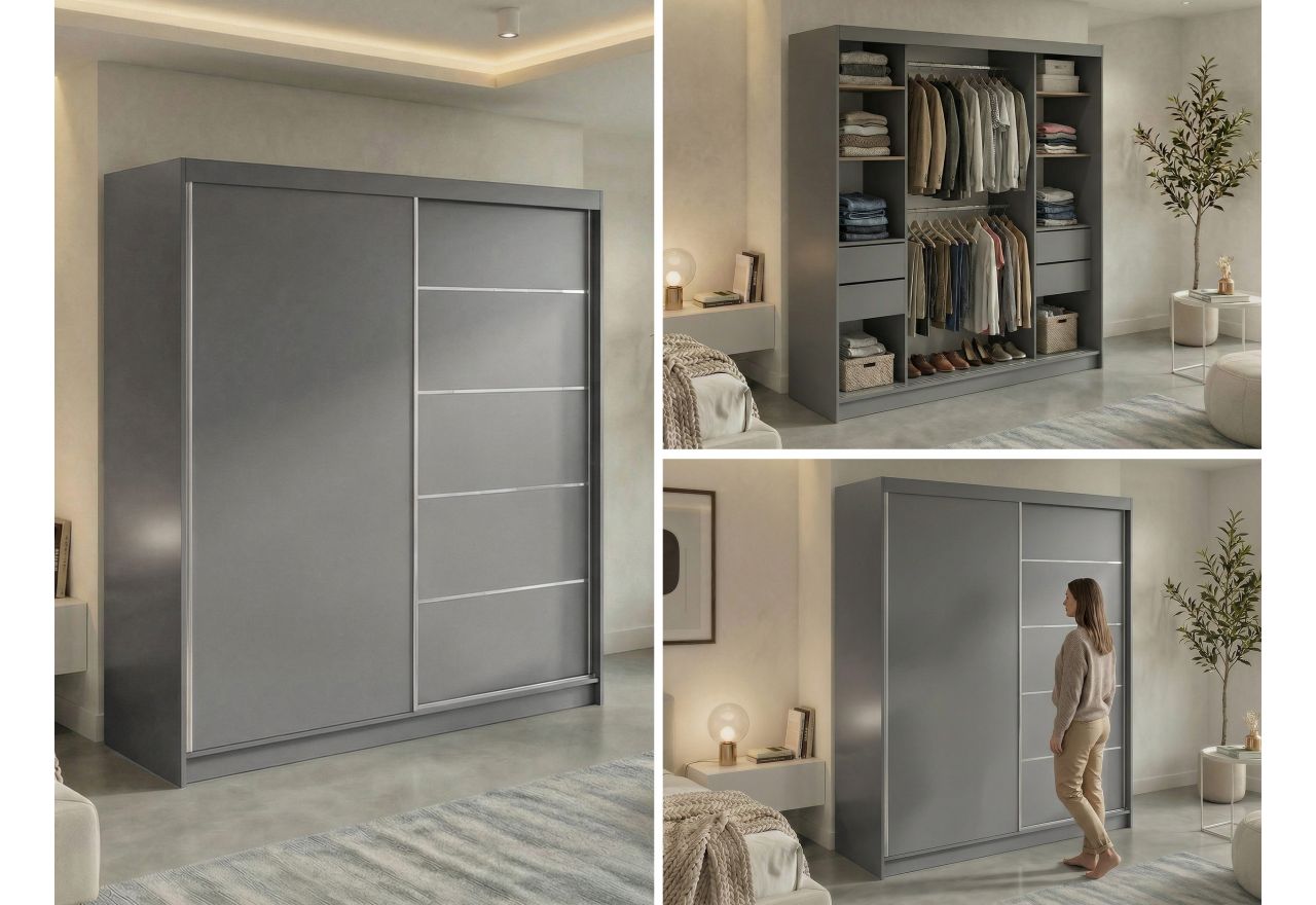 Szafa przesuwna MACEDONIA 200 - szary + 4 szuflady