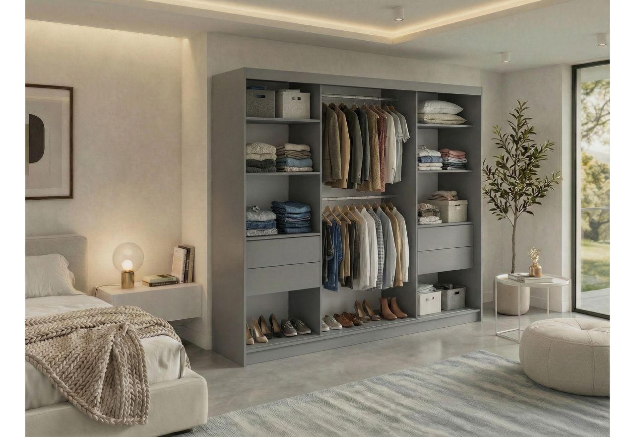 Szafa przesuwna MACEDONIA 240 cm - szary + 4 szuflady