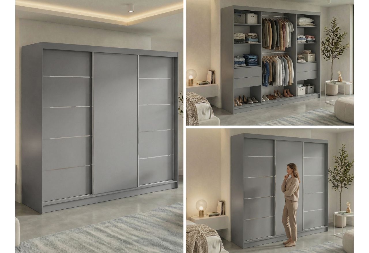 Szafa przesuwna MACEDONIA 240 cm - szary + 4 szuflady