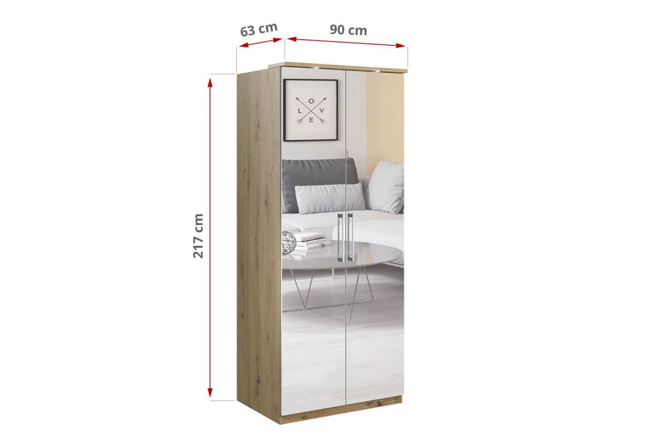 Szafa w nowoczesnym stylu dwudrzwiowa 90 cm z lustrem na froncie - OLIVER Dąb Artisan / Lustro