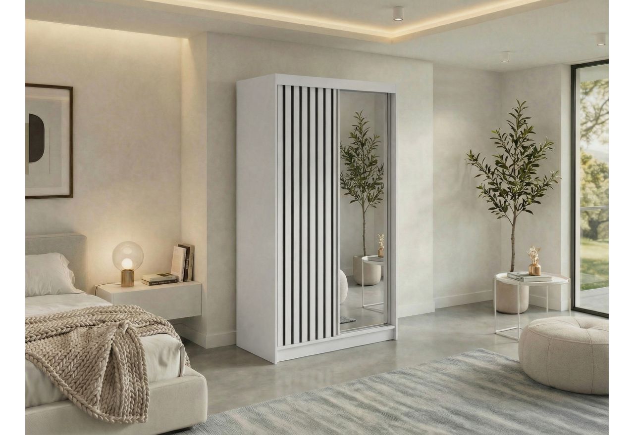 Szafa przesuwna LAOS 120 cm - biały, lamele czarne, lustro