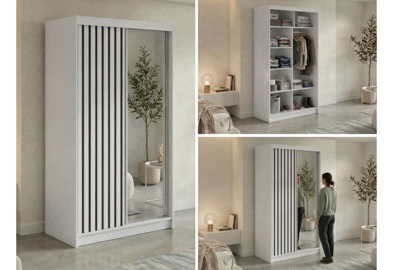 Szafa przesuwna LAOS 120 cm - biały, lamele czarne, lustro