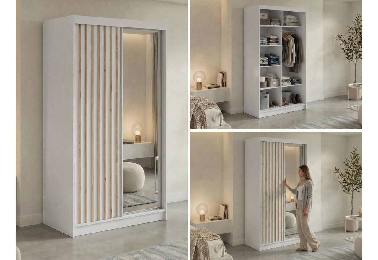 Szafa przesuwna LAOS 120 cm - biały, lamele dąb aristan, lustro
