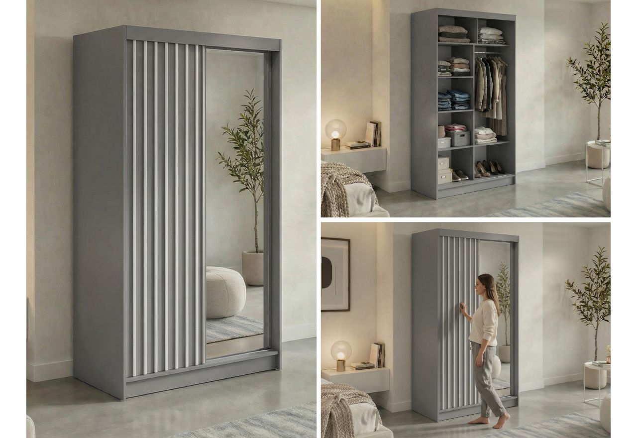 Szafa przesuwna LAOS 120 cm - szary, lamele białe, lustro