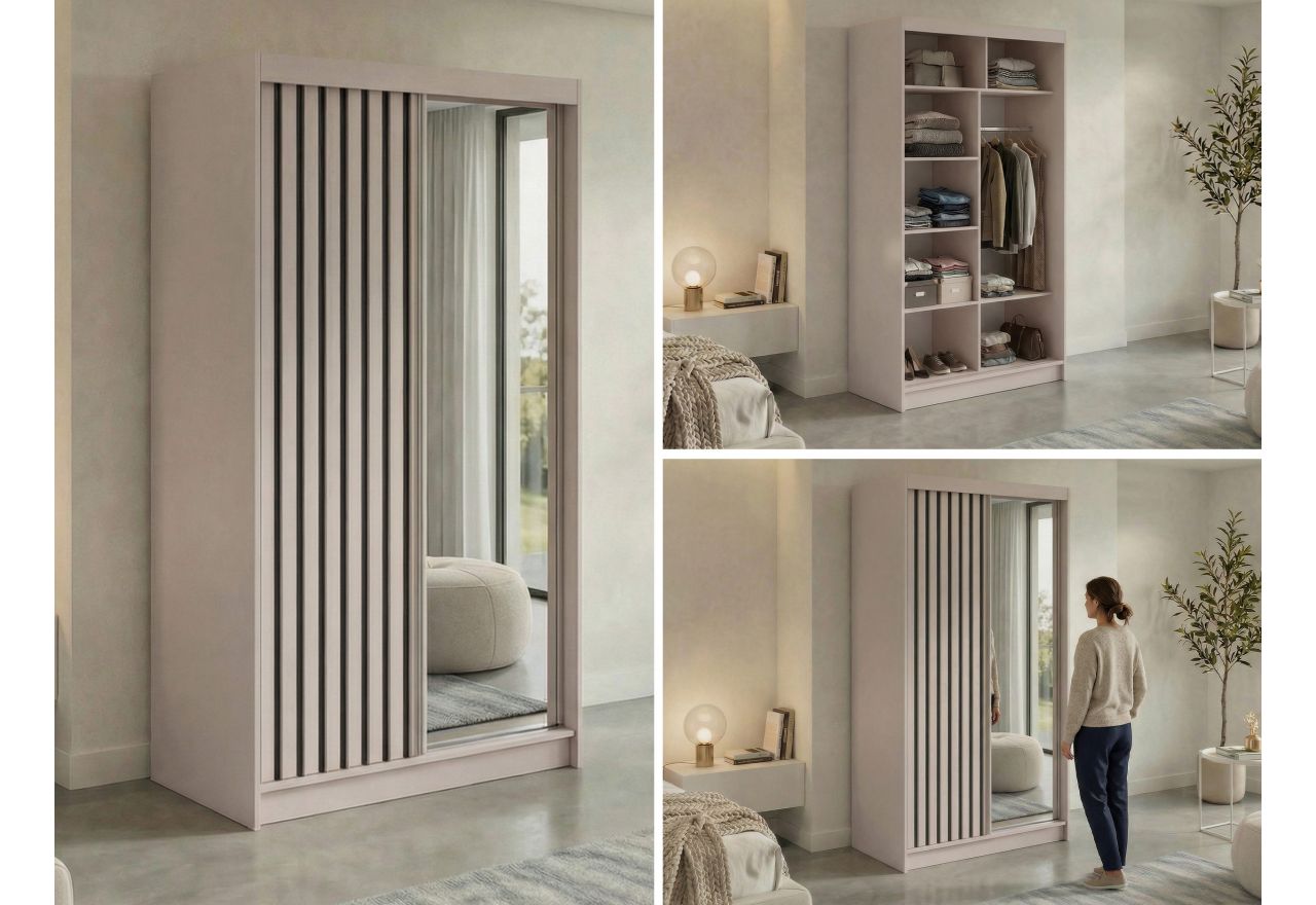 Szafa przesuwna LAOS 120 cm - kaszmir, lamele czarne, lustro