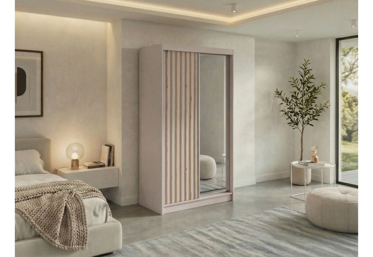 Szafa przesuwna LAOS 120 cm - kaszmir, lamele dąb aristan, lustro