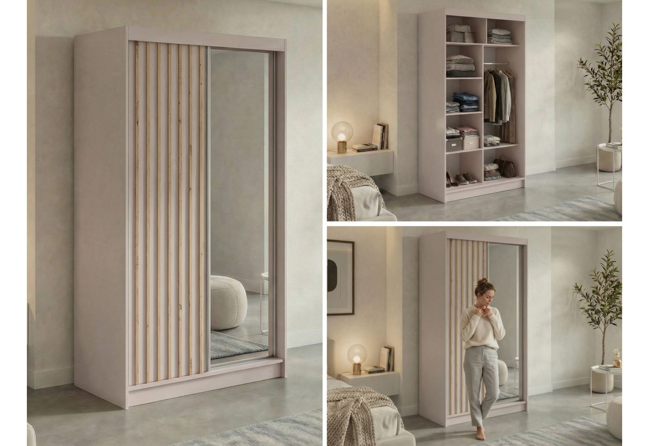 Szafa przesuwna LAOS 120 cm - kaszmir, lamele dąb aristan, lustro