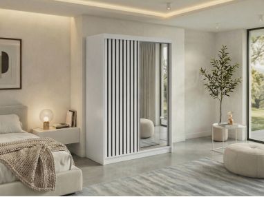 Szafa przesuwna LAOS 150 - biały, lamele czarne, lustro