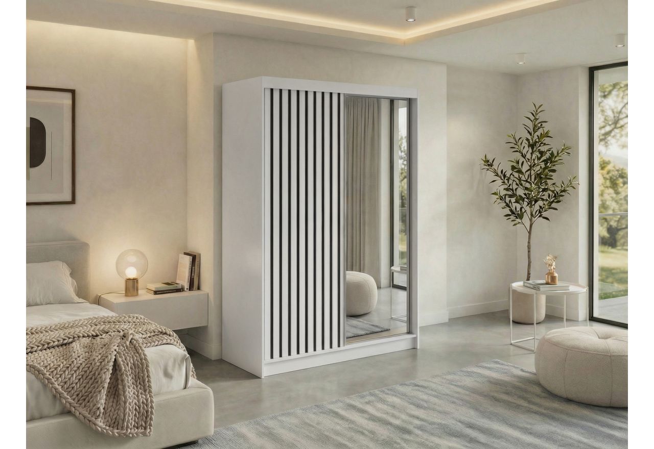 Szafa przesuwna LAOS 150 cm - biały, lamele czarne, lustro