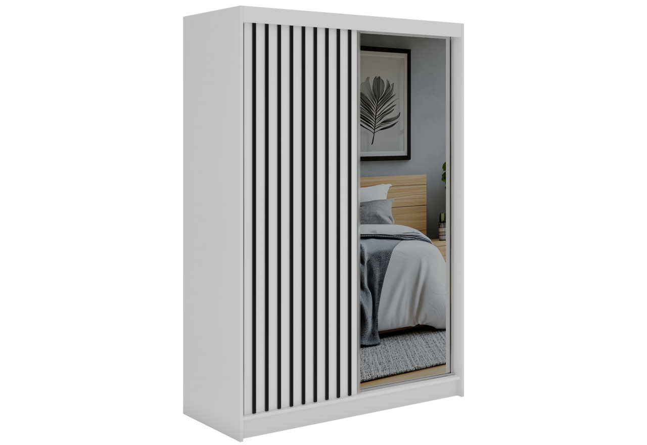 Szafa przesuwna LAOS 150 cm - biały, lamele czarne, lustro
