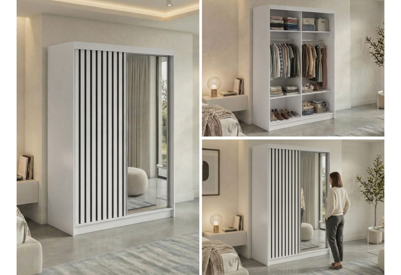 Szafa przesuwna LAOS 150 cm - biały, lamele czarne, lustro