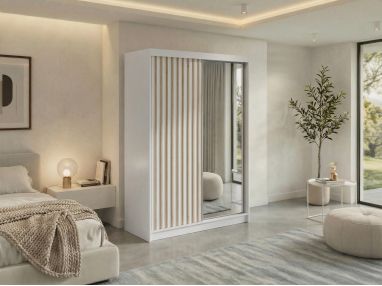 Szafa przesuwna LAOS 150 - biały, lamele dąb aristan, lustro