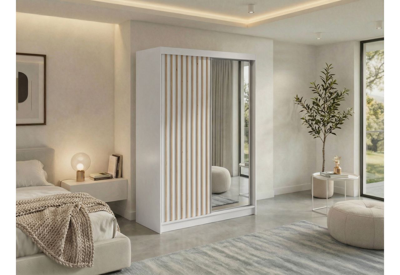 Szafa przesuwna LAOS 150 cm - biały, lamele dąb aristan, lustro