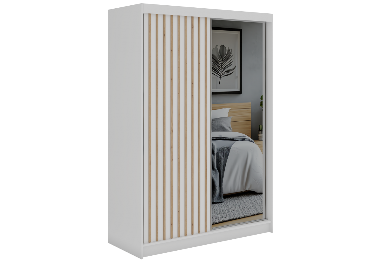 Szafa przesuwna LAOS 150 cm - biały, lamele dąb aristan, lustro