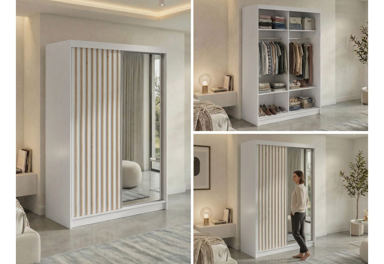Szafa przesuwna LAOS 150 cm - biały, lamele dąb aristan, lustro