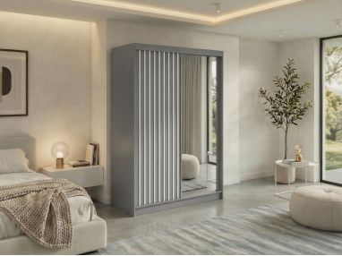 Szafa przesuwna LAOS 150 - szary, lamele białe, lustro