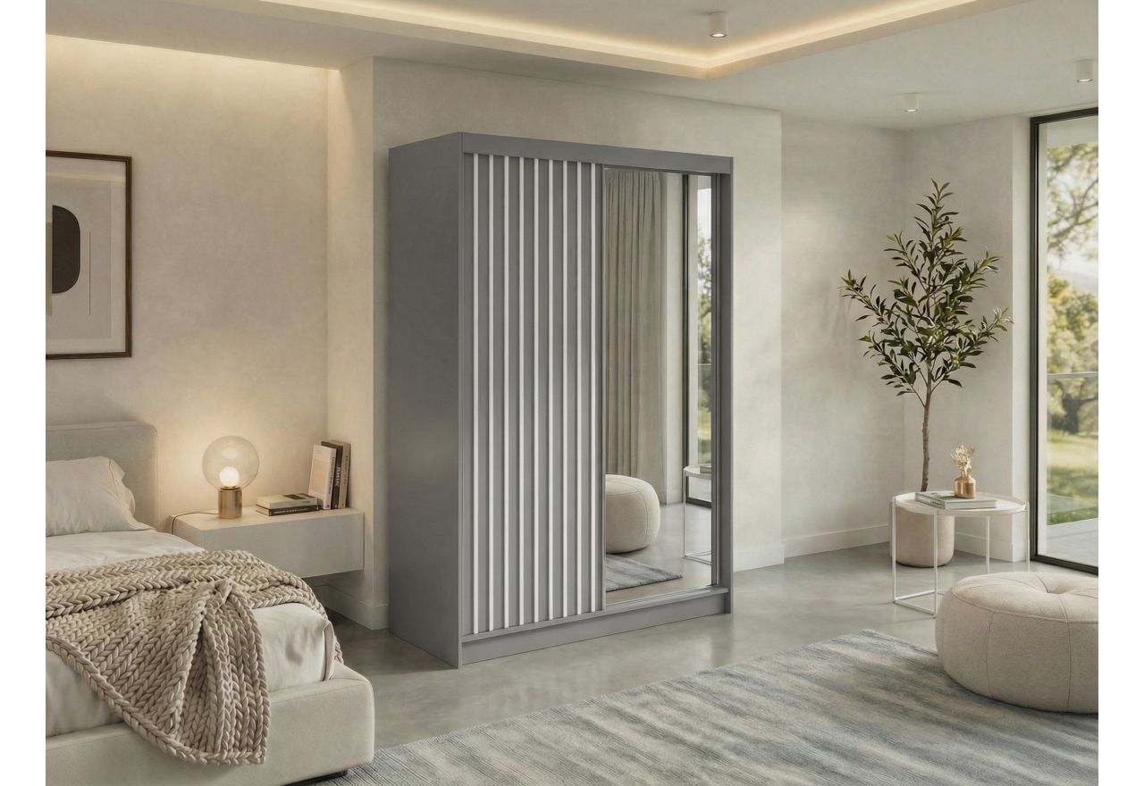 Szafa przesuwna LAOS 150 cm - szary, lamele białe, lustro