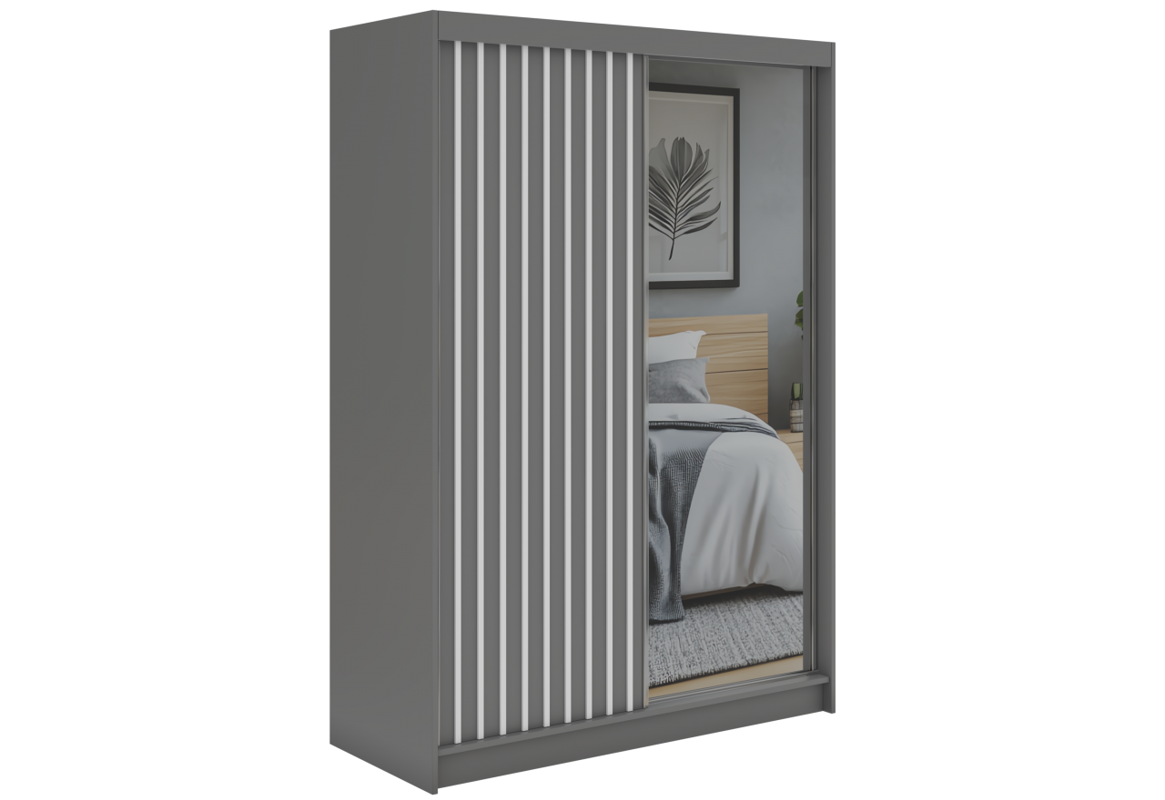 Szafa przesuwna LAOS 150 cm - szary, lamele białe, lustro