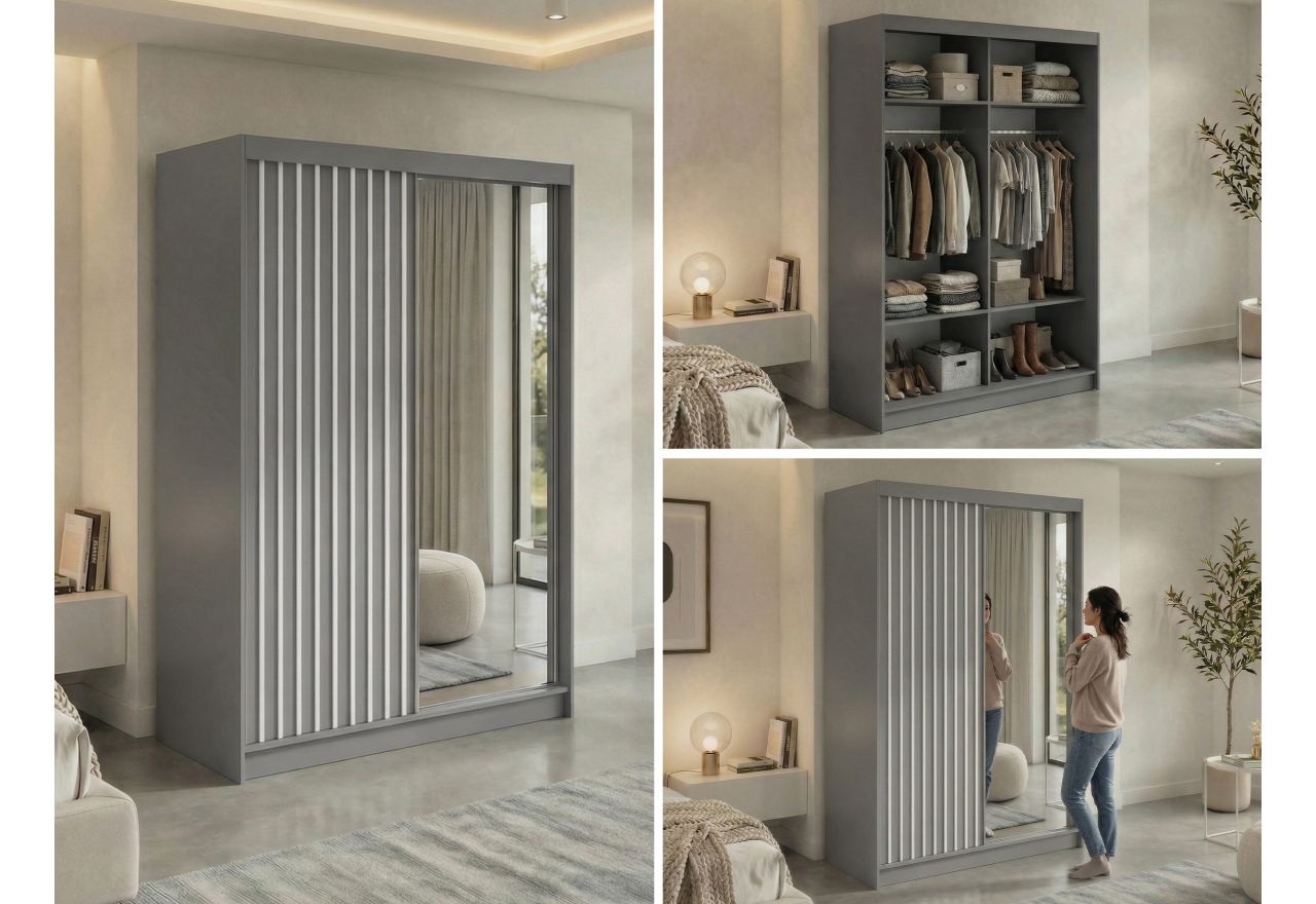 Szafa przesuwna LAOS 150 cm - szary, lamele białe, lustro