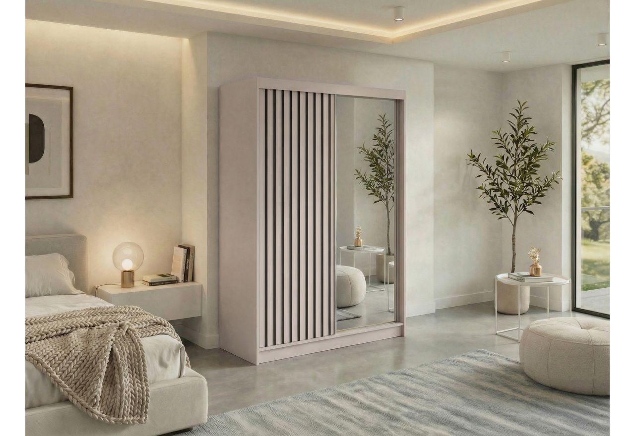 Szafa przesuwna LAOS 150 cm - kaszmir, lamele czarne, lustro