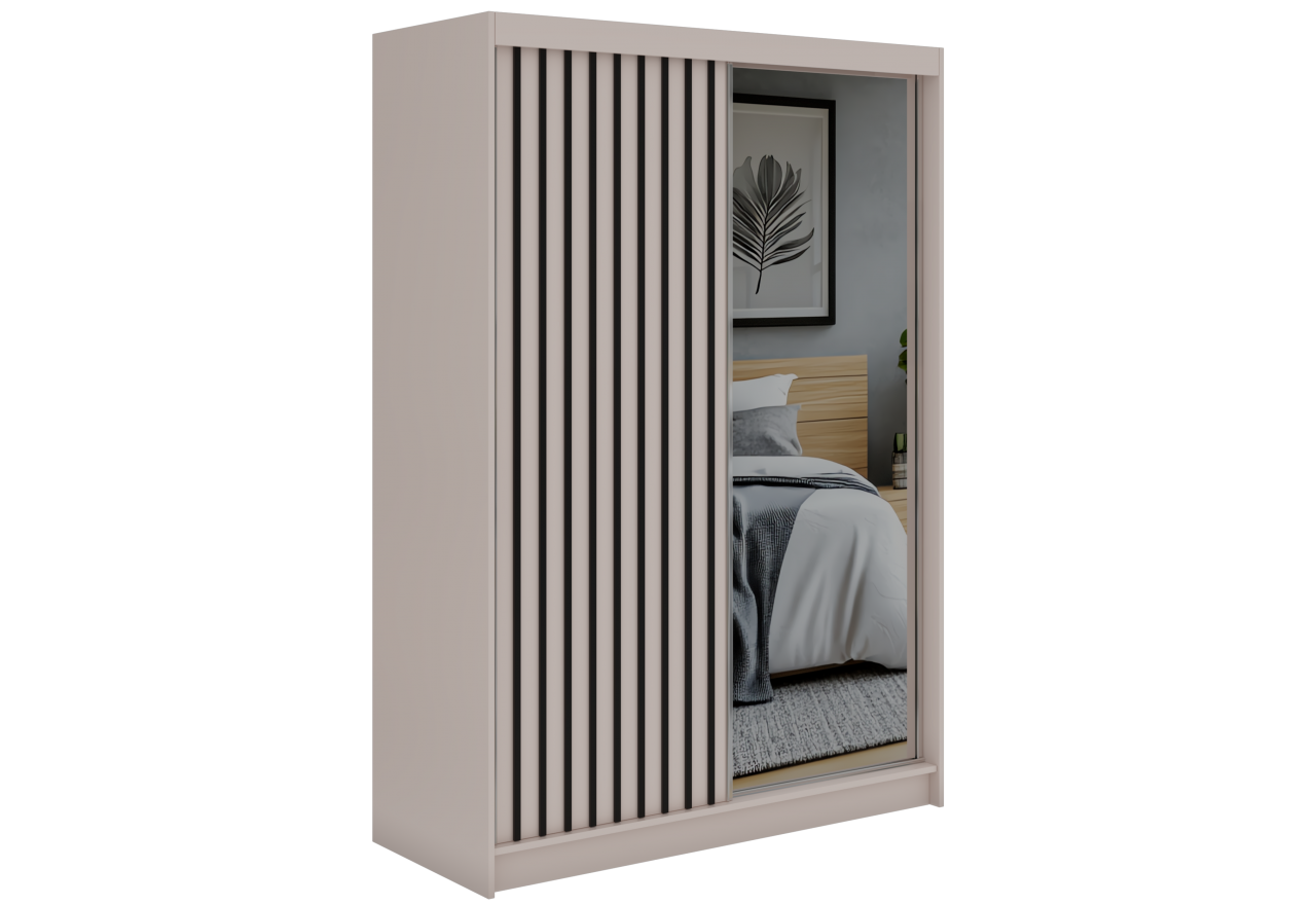 Szafa przesuwna LAOS 150 cm - kaszmir, lamele czarne, lustro