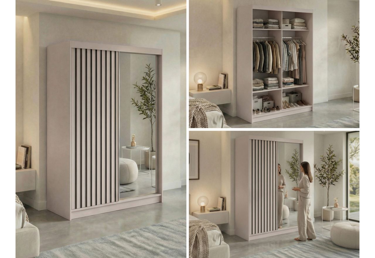 Szafa przesuwna LAOS 150 cm - kaszmir, lamele czarne, lustro