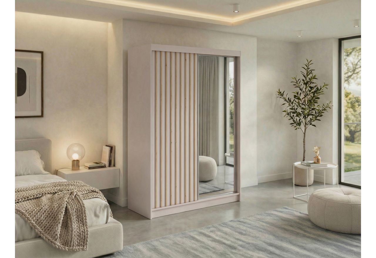 Szafa przesuwna LAOS 150 cm - kaszmir, lamele dąb aristan, lustro