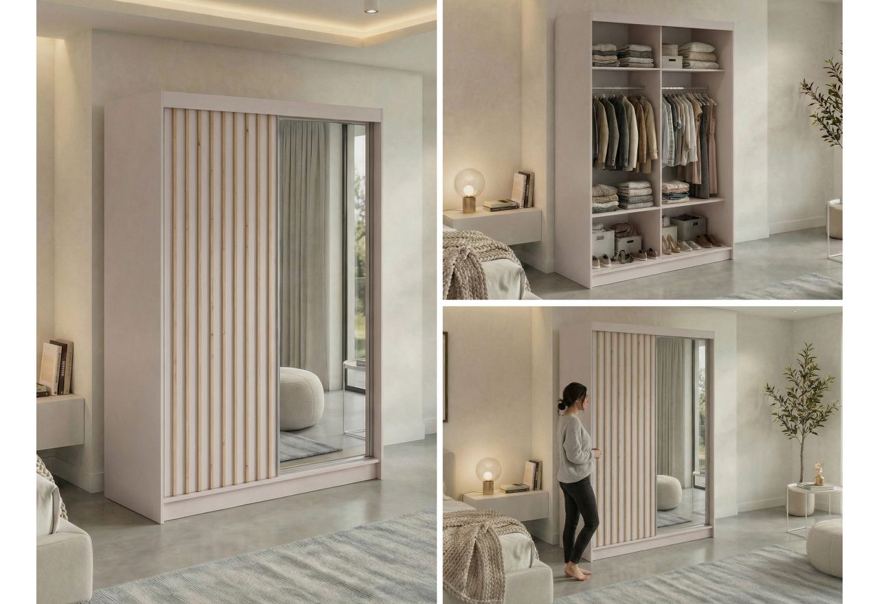 Szafa przesuwna LAOS 150 cm - kaszmir, lamele dąb aristan, lustro