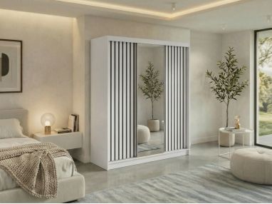 Szafa przesuwna LAOS 180 - biały, lamele czarne, lustro + 2 szuflady