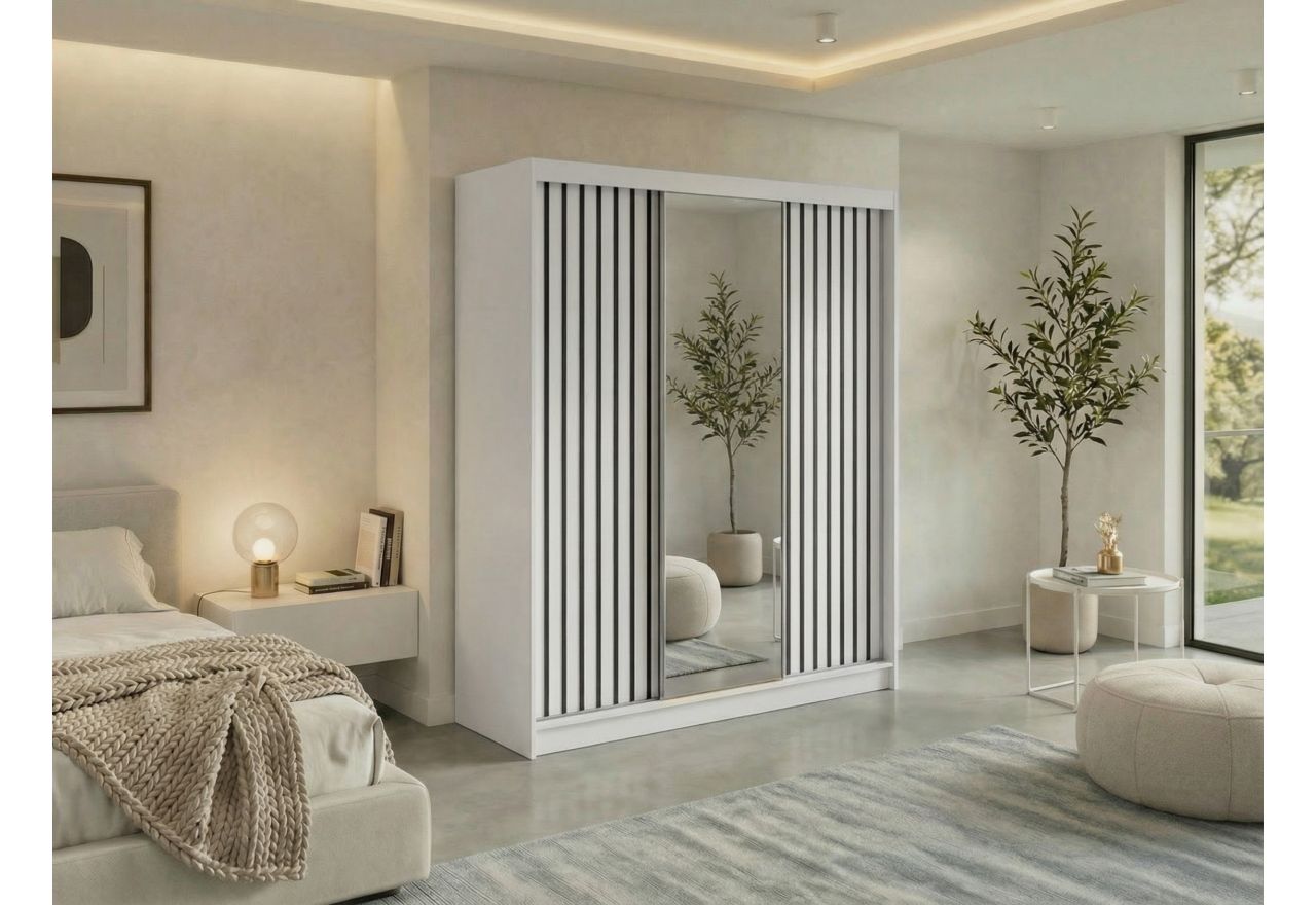 Szafa przesuwna LAOS 180 cm - biały, lamele czarne, lustro + 2 szuflady