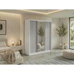 Szafa przesuwna LAOS 180 cm - biały, lamele czarne, lustro + 2 szuflady