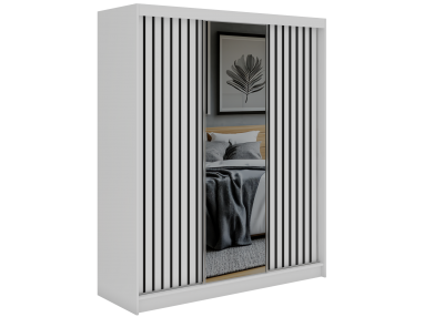 Szafa przesuwna LAOS 180 - biały, lamele czarne, lustro + 2 szuflady