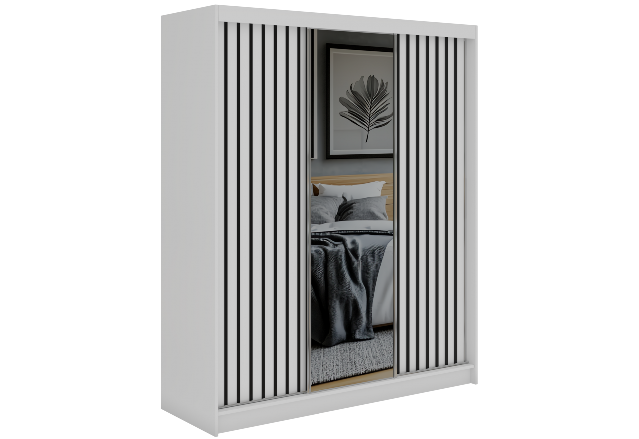 Szafa przesuwna LAOS 180 cm - biały, lamele czarne, lustro + 2 szuflady