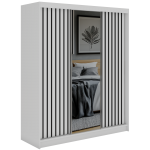 Szafa przesuwna LAOS 180 cm - biały, lamele czarne, lustro + 2 szuflady