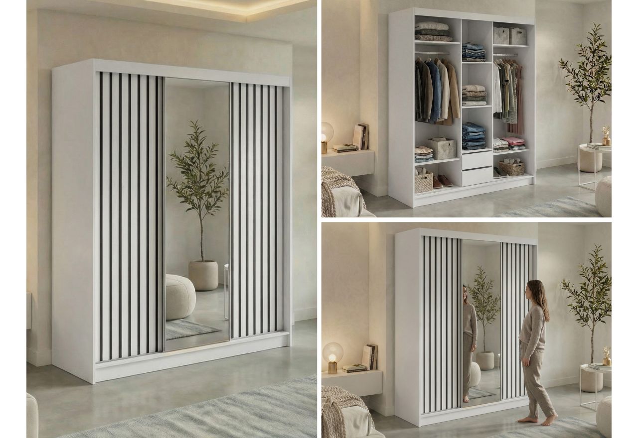 Szafa przesuwna LAOS 180 cm - biały, lamele czarne, lustro + 2 szuflady