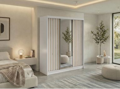 Szafa przesuwna LAOS 180 - biały, lamele dąb aristan, lustro + 2 szuflady