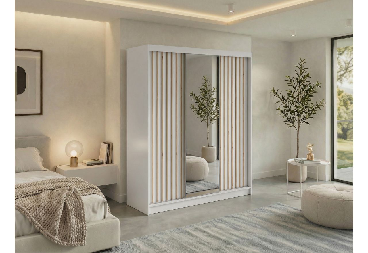 Szafa przesuwna LAOS 180 cm - biały, lamele dąb aristan, lustro + 2 szuflady