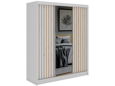 Szafa przesuwna LAOS 180 - biały, lamele dąb aristan, lustro + 2 szuflady