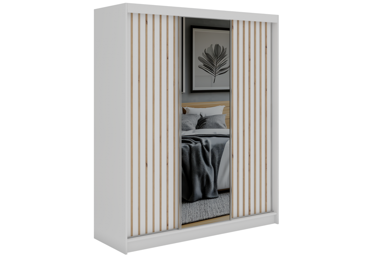 Szafa przesuwna LAOS 180 cm - biały, lamele dąb aristan, lustro + 2 szuflady