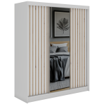 Szafa przesuwna LAOS 180 cm - biały, lamele dąb aristan, lustro + 2 szuflady