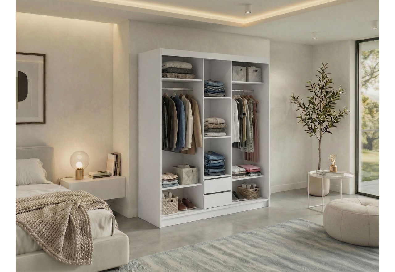 Szafa przesuwna LAOS 180 cm - biały, lamele dąb aristan, lustro + 2 szuflady