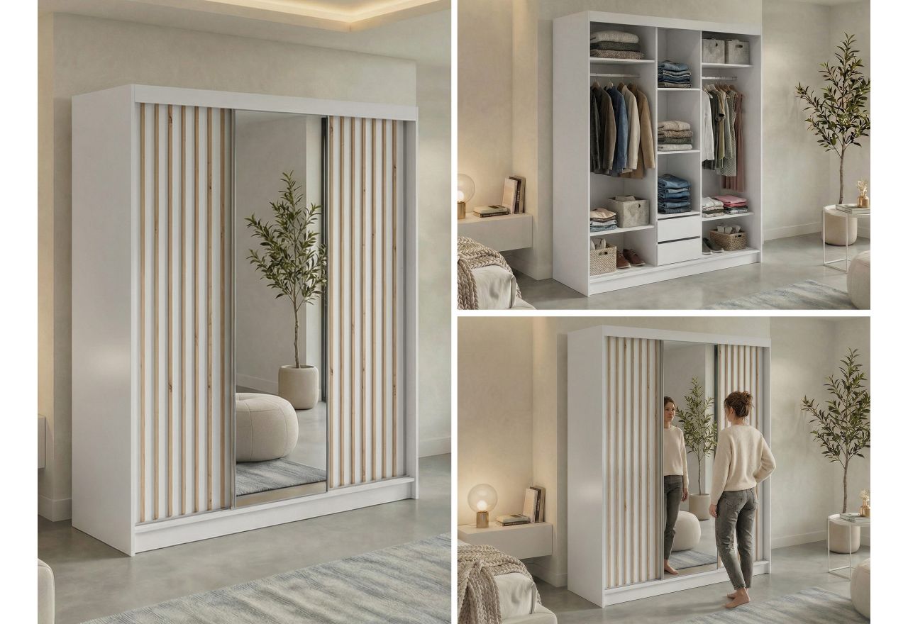 Szafa przesuwna LAOS 180 cm - biały, lamele dąb aristan, lustro + 2 szuflady