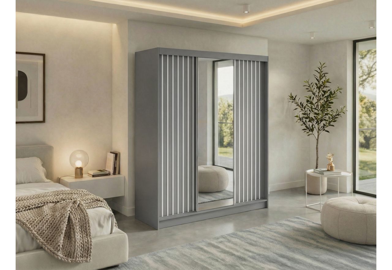 Szafa przesuwna LAOS 180 cm - szary, lamele białe, lustro + 2 szuflady