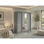 Szafa przesuwna LAOS 180 cm - szary, lamele białe, lustro + 2 szuflady