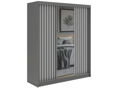 Szafa przesuwna LAOS 180 - szary, lamele białe, lustro + 2 szuflady