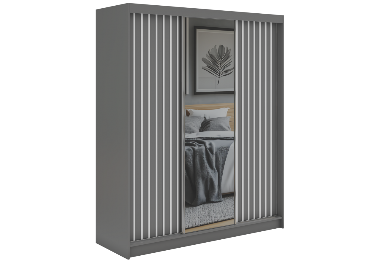 Szafa przesuwna LAOS 180 cm - szary, lamele białe, lustro + 2 szuflady